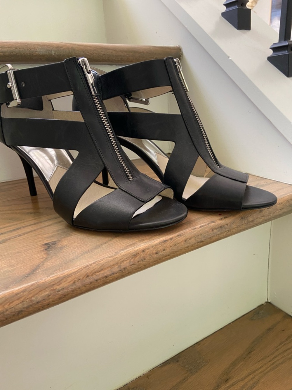 Michael Kors Black Front-Zip Open-Toe Heels size 10 M